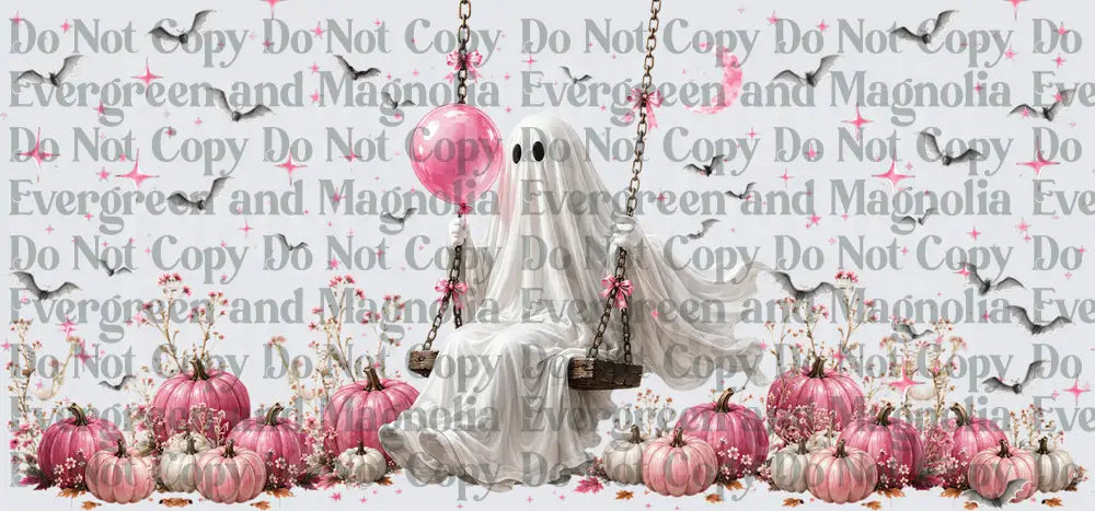Cute Ghost on Swing Pink Pumpkins Bats Halloween Design