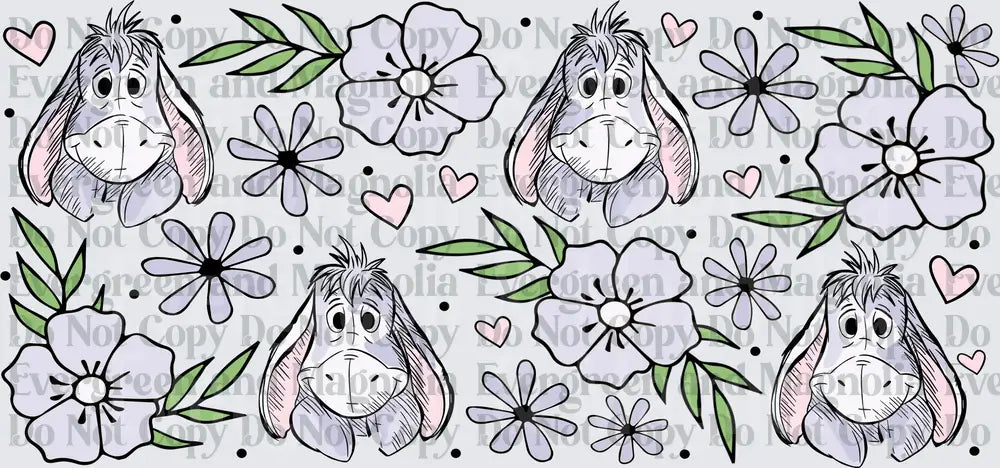 Sad Donkey Floral Pattern with Hearts and Daisy Blooms