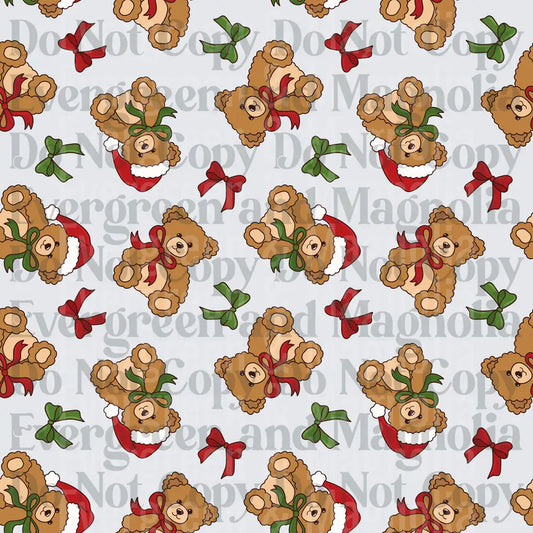 Christmas Teddy Bear Santa Hat Red Green Bow Pattern
