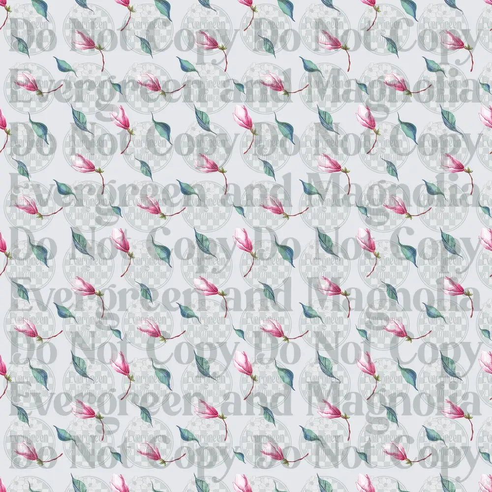 Watercolor Pink Magnolia Buds and Blue Green Leaves Pattern