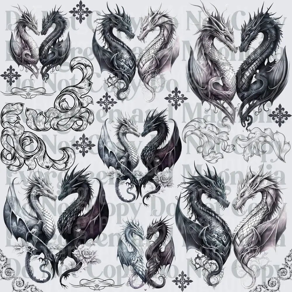 Gothic Dragon Pairs Heart Shape Tattoo Art Sheet Bundle
