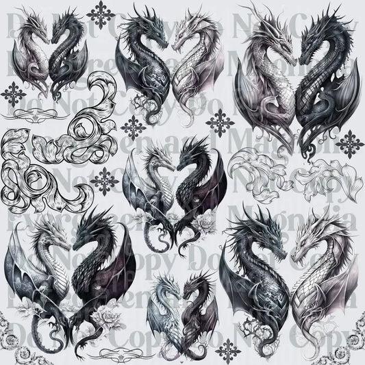 Gothic Dragon Pairs Heart Shape Tattoo Art Sheet Bundle