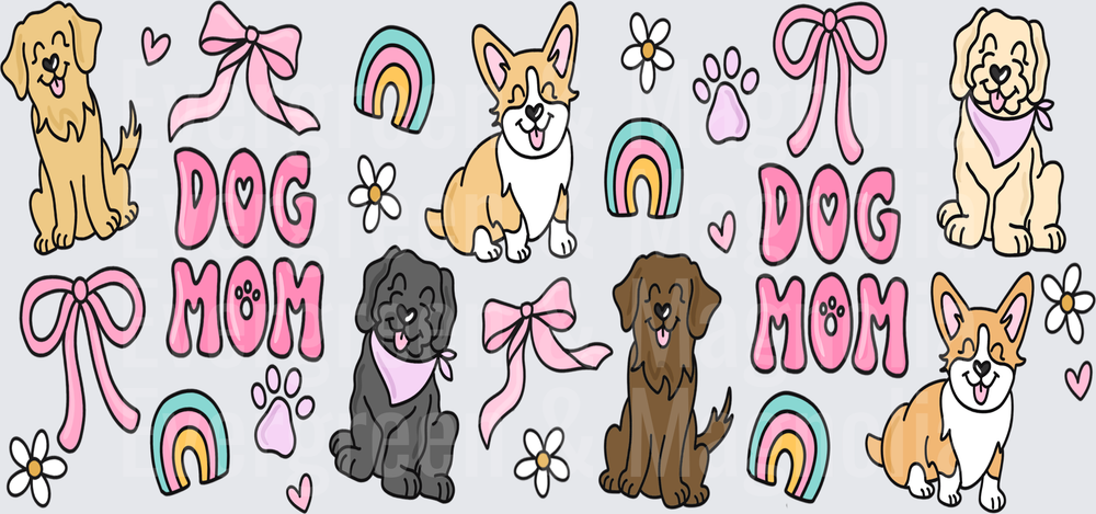 Dog Mom Retro Groovy Dogs Corgis Pink Bow Paw Print