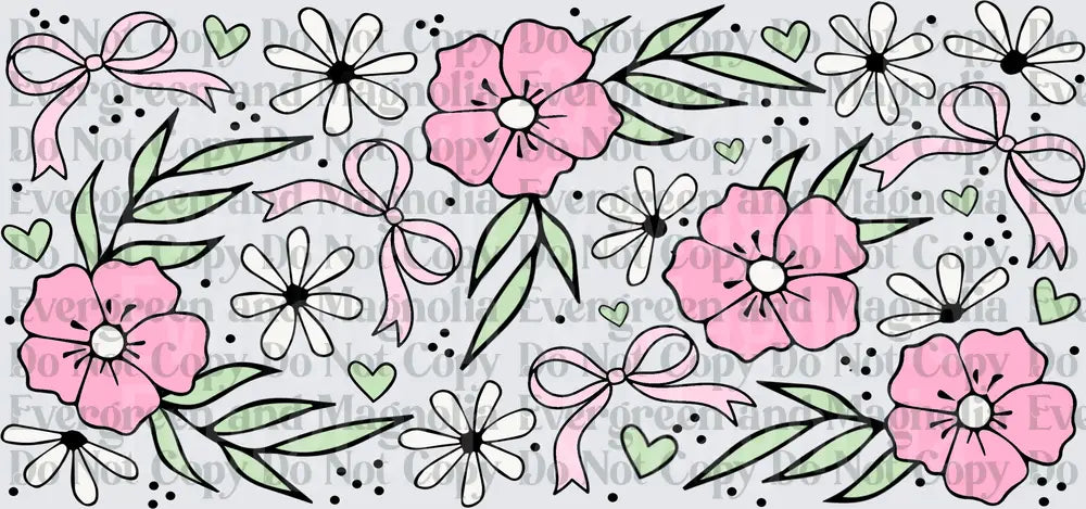 Pink Floral Doodle Pattern with Bows Hearts and Daisies