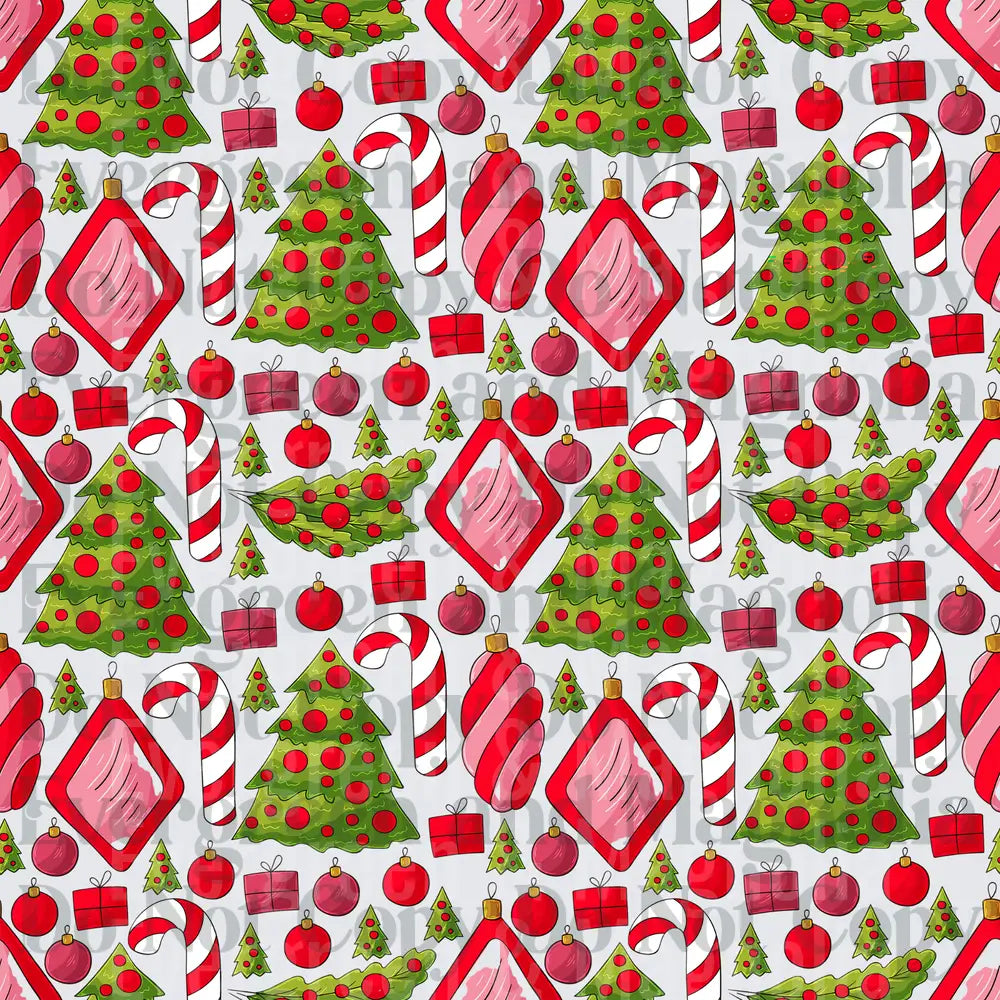 Red Green Christmas Pattern Trees Candy Canes Ornaments Gifts