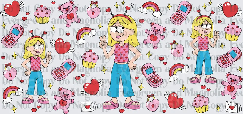 Blonde Girl Valentine Pattern Peace Sign Cute Icons