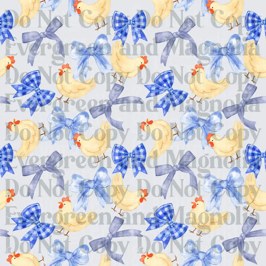 Watercolor Chickens Blue Gingham Bow Seamless Pattern
