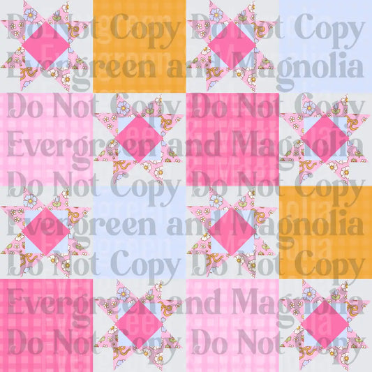 Patchwork Quilt Star Block Pattern Pink Blue Orange