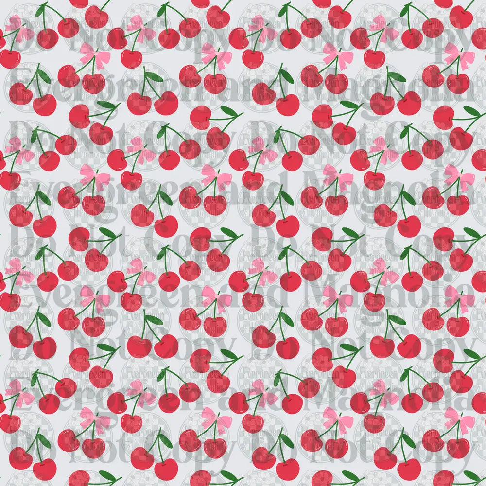 Red Cherry Clusters with Pink Bows Seamless Pattern