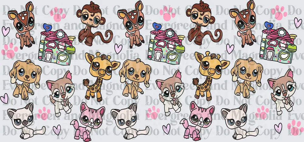 Cute Cartoon Pet Animals Pink Hearts Paw Prints Pattern