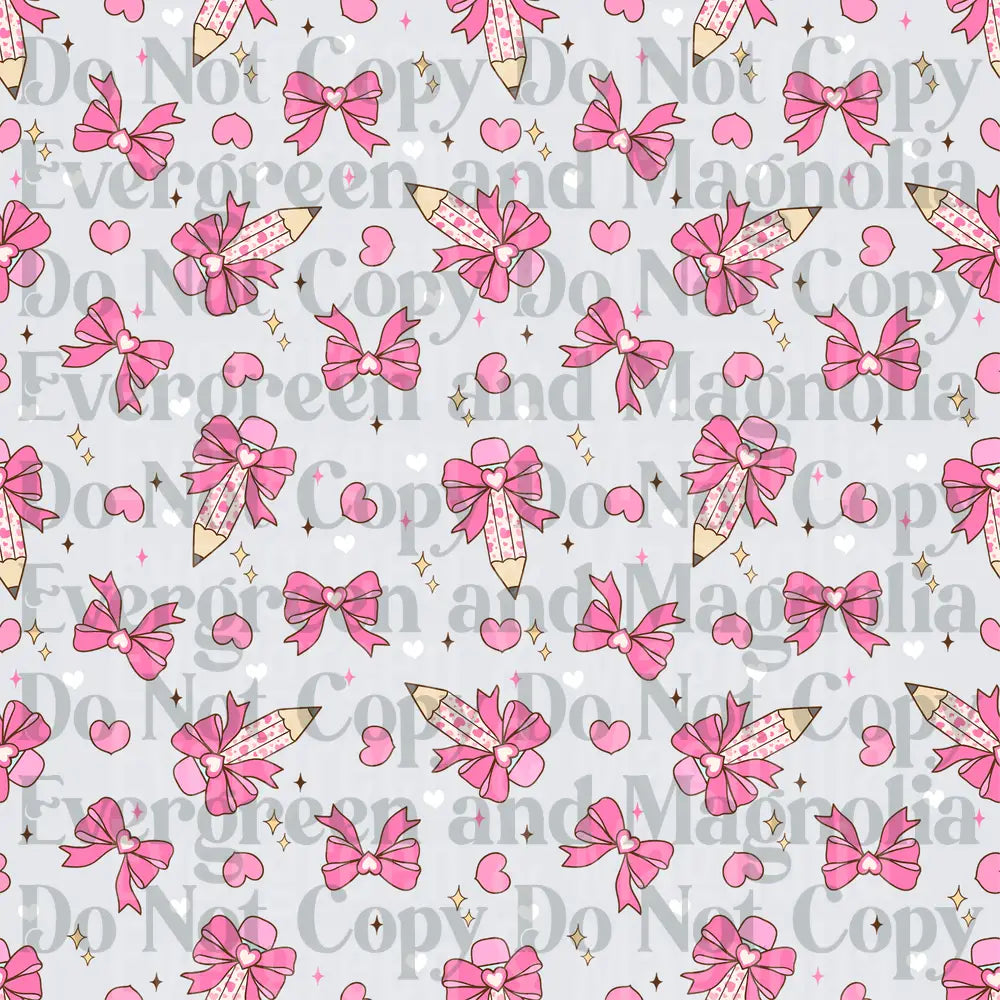 Pink Bow Pencils Hearts Stars Coquette Pattern