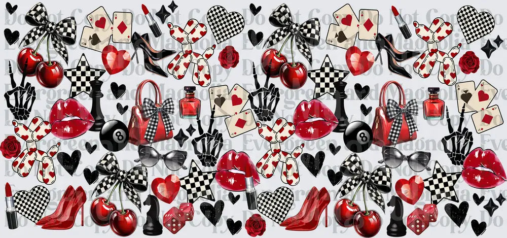 Red Black Checkered Bow Cherry Lips Playing Cards Pattern