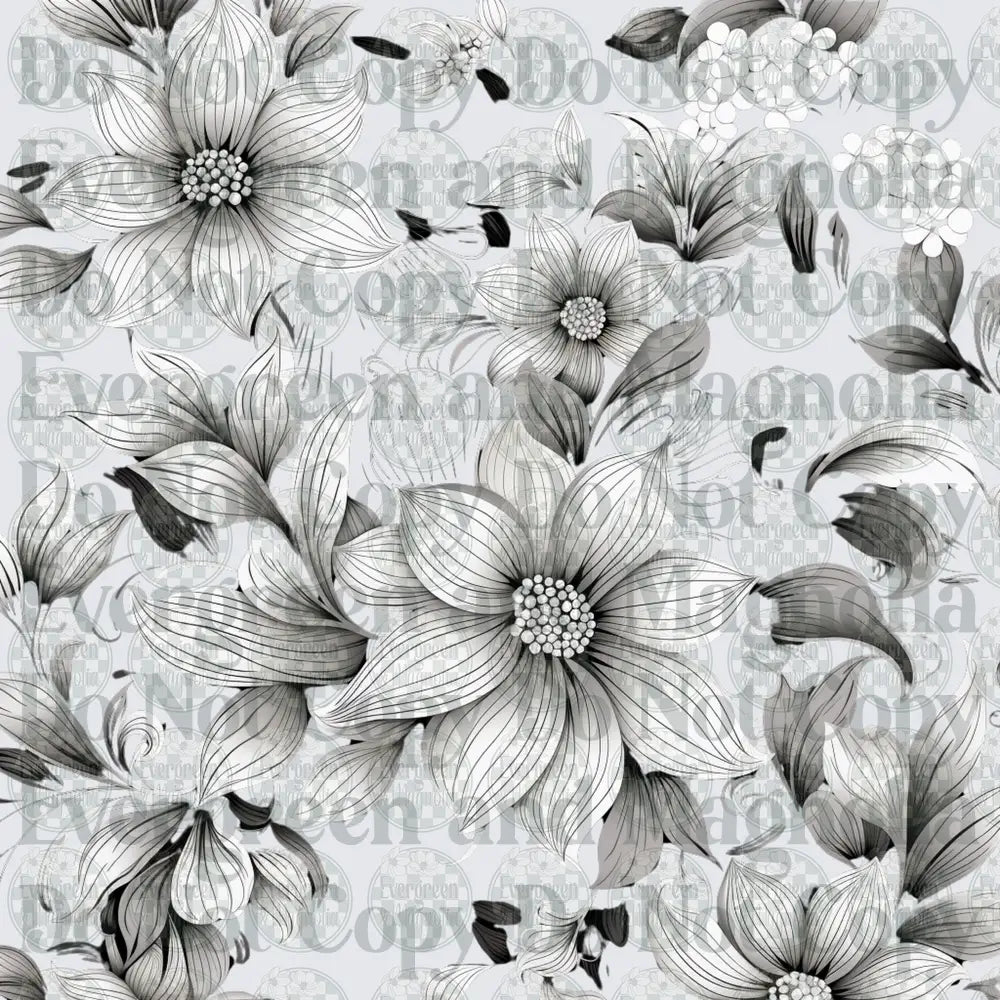 Black and White Botanical Floral Line Art Pattern
