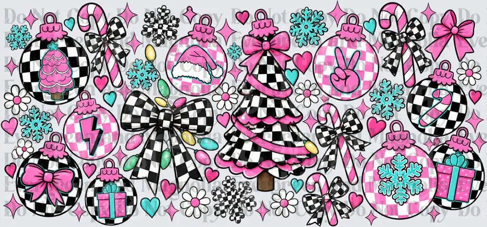 Retro Checkered Pink Christmas Ornaments Holiday Bow Set