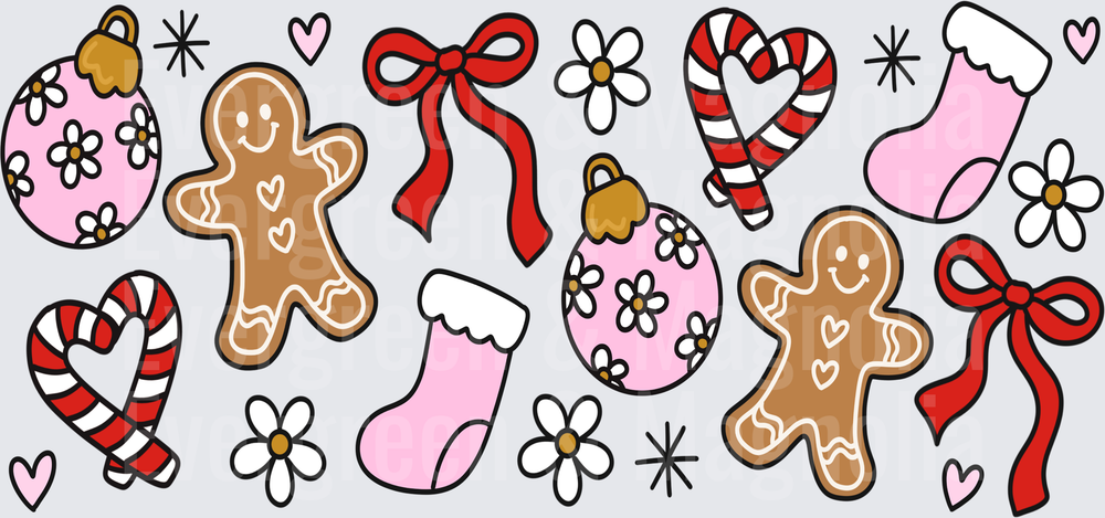 Pink Groovy Christmas Icons Gingerbread Candy Cane