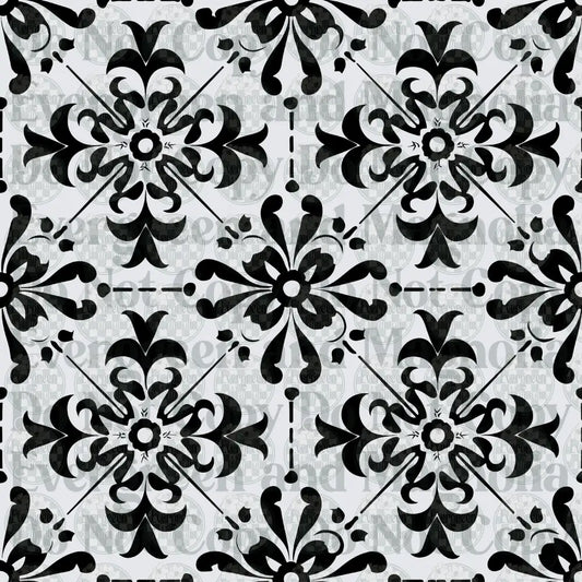 Black White Talavera Floral Tile Seamless Pattern
