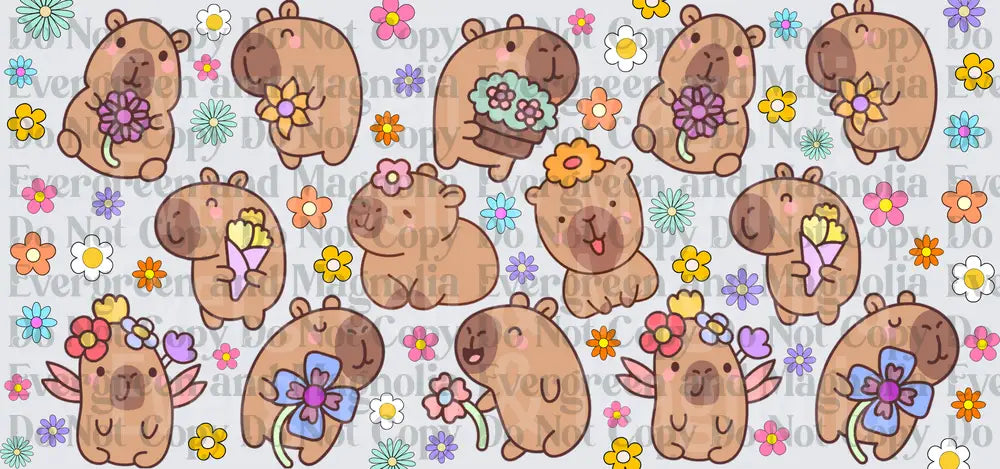 Cute Kawaii Capybara Pattern With Colorful Flowers