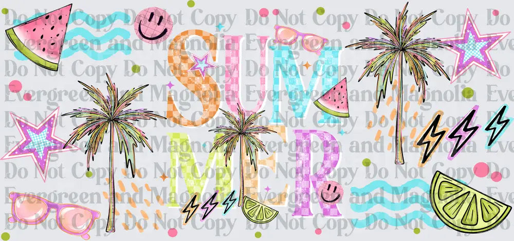 Retro Summer Checkered Letters Palm Trees Neon Icons