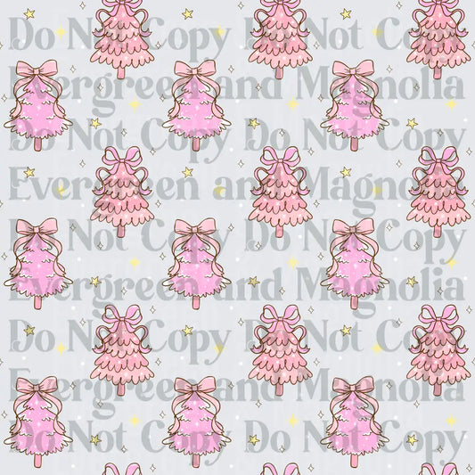 Pink Bow Christmas Trees Gold Stars Seamless Pattern