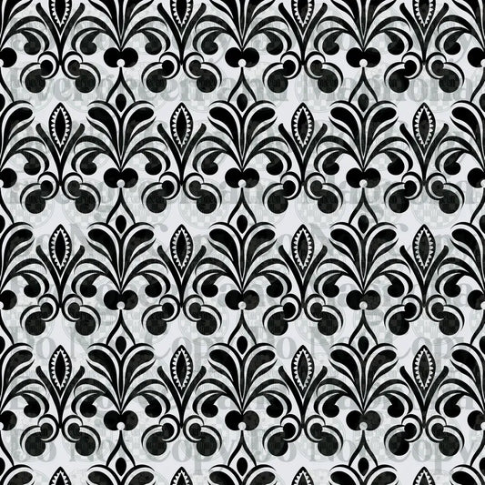 Black and White Damask Floral Scroll Repeat Pattern