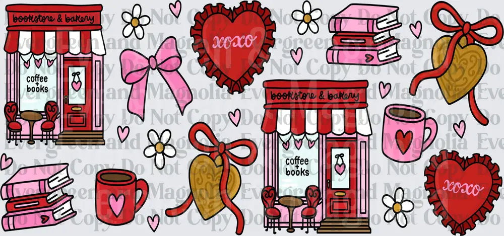 Valentine Bookstore Bakery Coffee Books XOXO Hearts