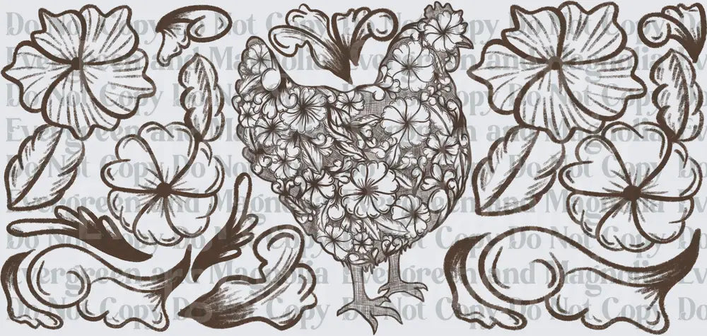 Floral Rooster Hen Folk Art Botanical Sketch Design