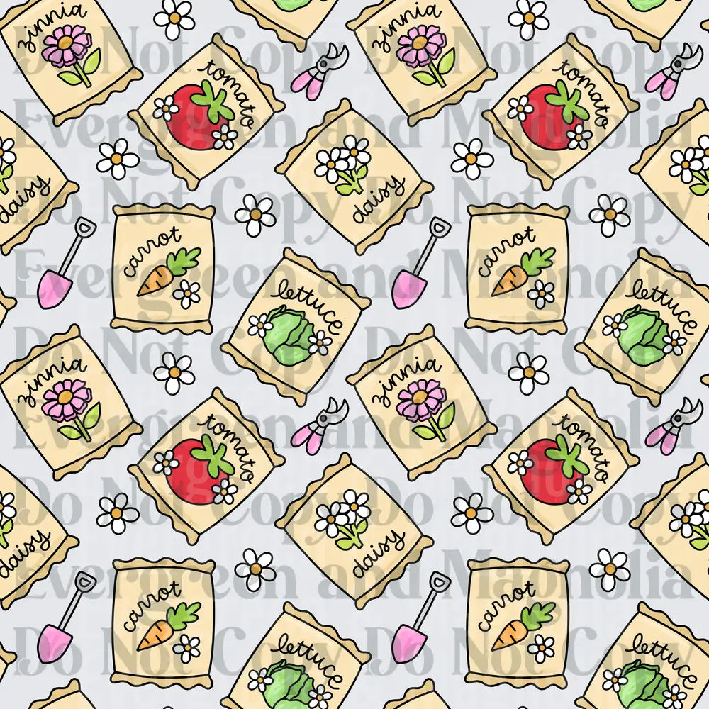 Cute Garden Seed Packet Pattern with Tools and Flowers