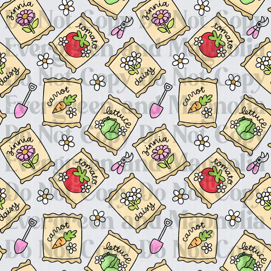 Cute Garden Seed Packet Pattern with Tools and Flowers
