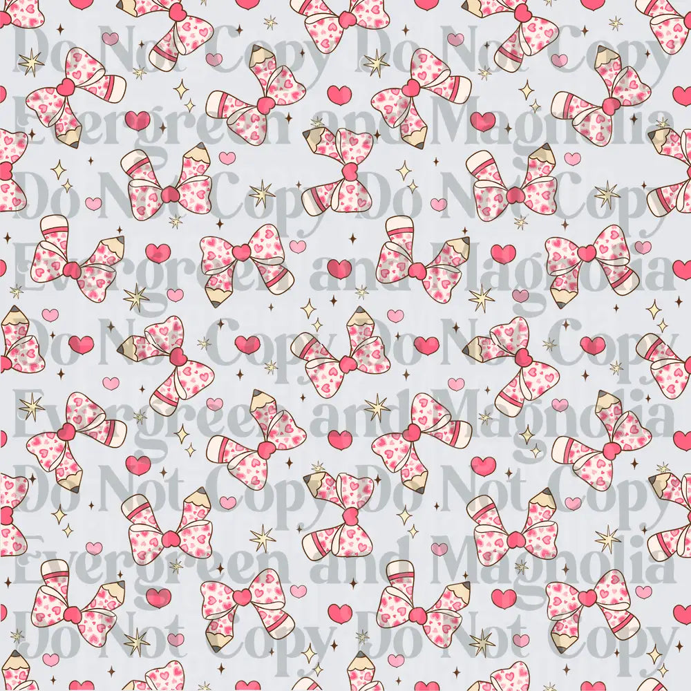 Pink Heart Print Pencil Bows Seamless Pattern with Sparkles
