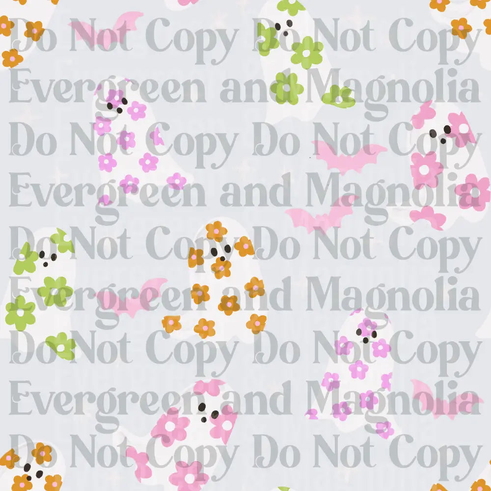 Cute Floral Ghost & Bat Halloween Pattern Pink Green Orange