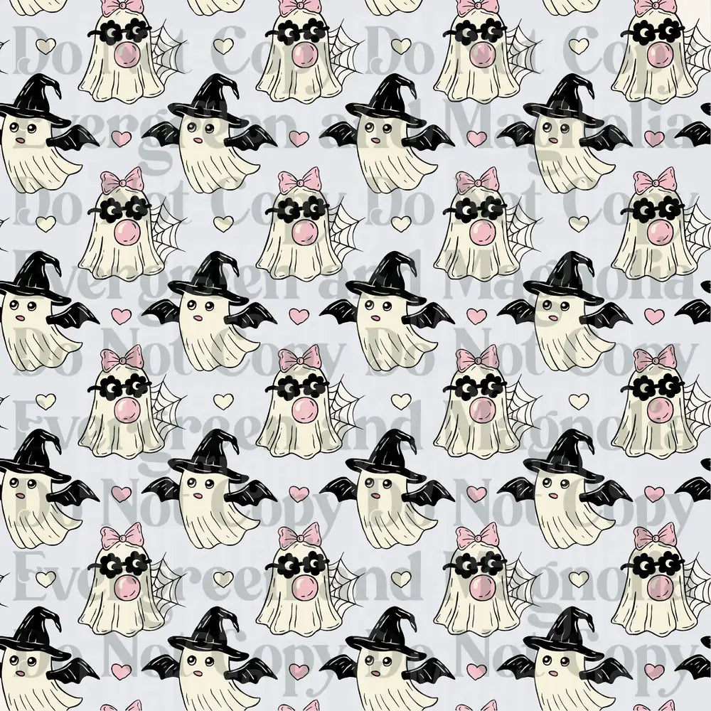 Cute Halloween Ghost Pattern Pink Bows Witch Hats Bat Wings
