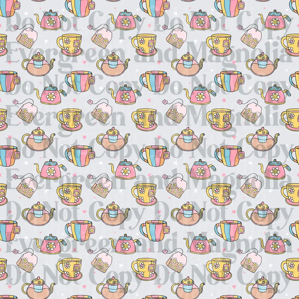 Pastel Floral Teapot Tea Cup and Tea Bag Repeat Pattern
