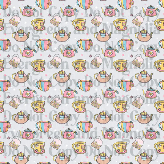 Pastel Floral Teapot Tea Cup and Tea Bag Repeat Pattern