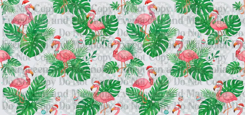 Tropical Christmas Flamingos Santa Hats Palm Leaves Pattern