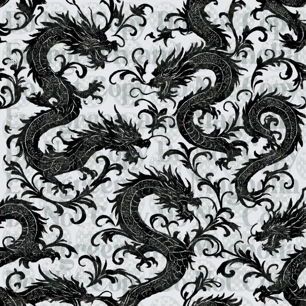 Black and White Asian Dragon Floral Seamless Pattern