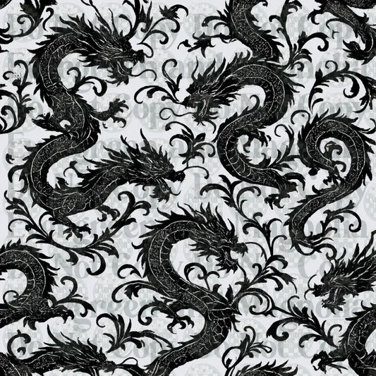 Black and White Asian Dragon Floral Seamless Pattern
