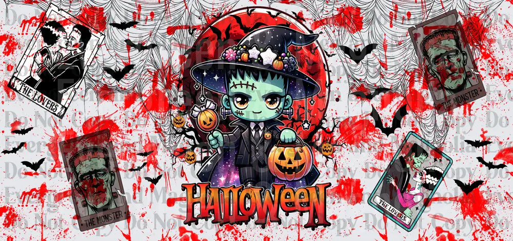 Halloween Cute Monster Chibi Witch Tarot Card Blood Splatter