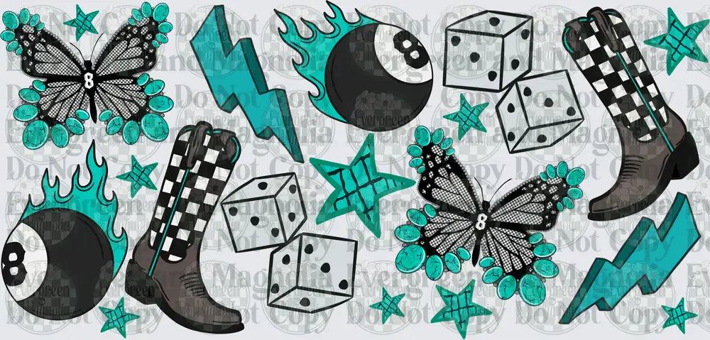 Teal Punk 8-Ball Butterfly Cowboy Boot Dice Lightning Bolt