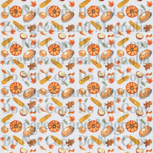 Watercolor Thanksgiving Pattern Pumpkins Corn Autumn Leaves