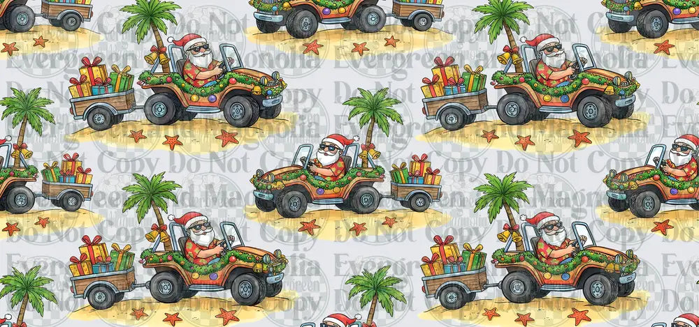 Tropical Santa Beach Buggy Christmas Seamless Pattern