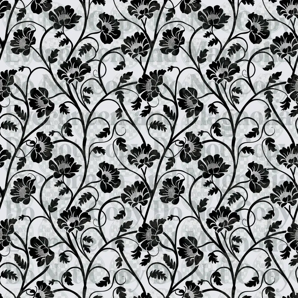 Black and White Floral Vine Silhouette Repeat Pattern