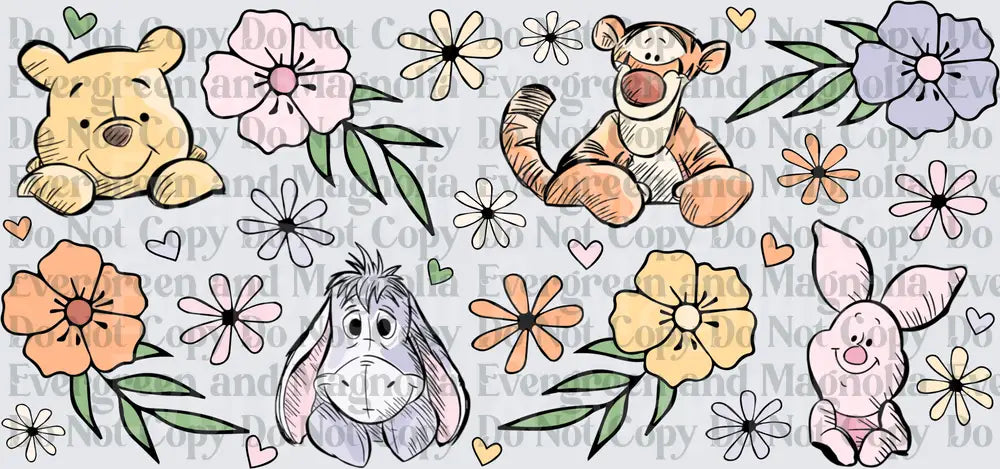 Cute Bear Tiger Donkey Piglet Friends Floral Sketch
