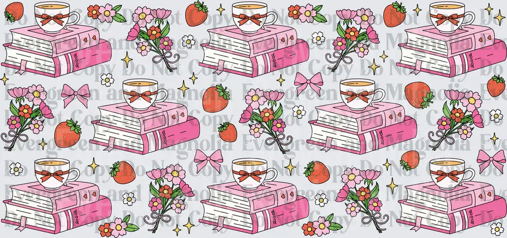 Pink Books Tea Cup Floral Strawberry Bow Pattern