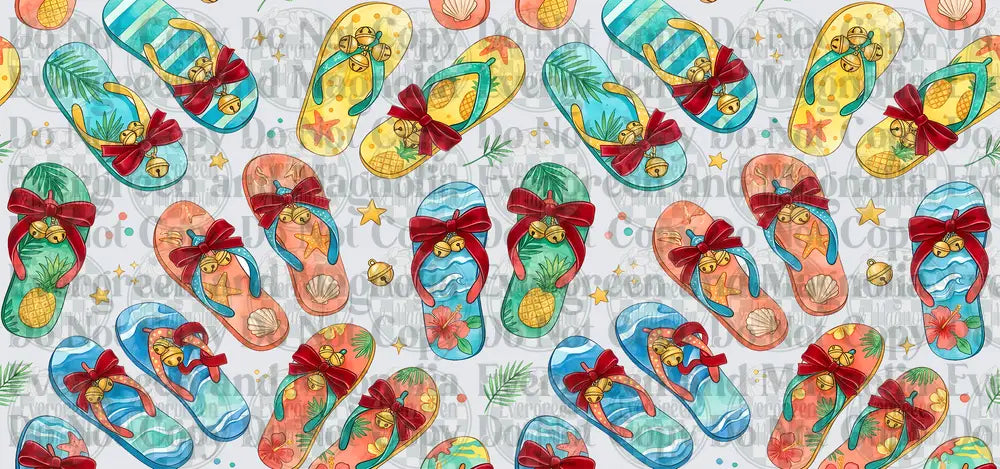 Tropical Christmas Flip Flops Jingle Bells Bow Pattern