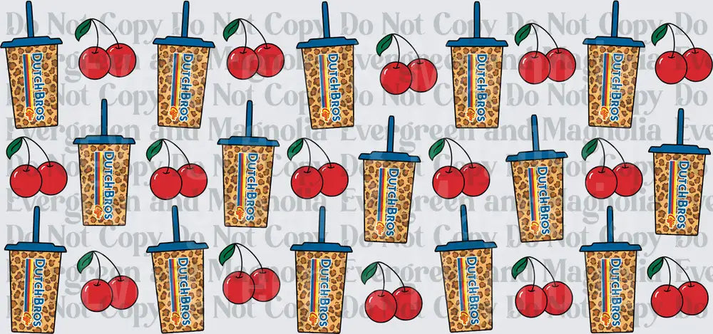 Leopard Print Coffee Cup and Cherry Repeat Pattern