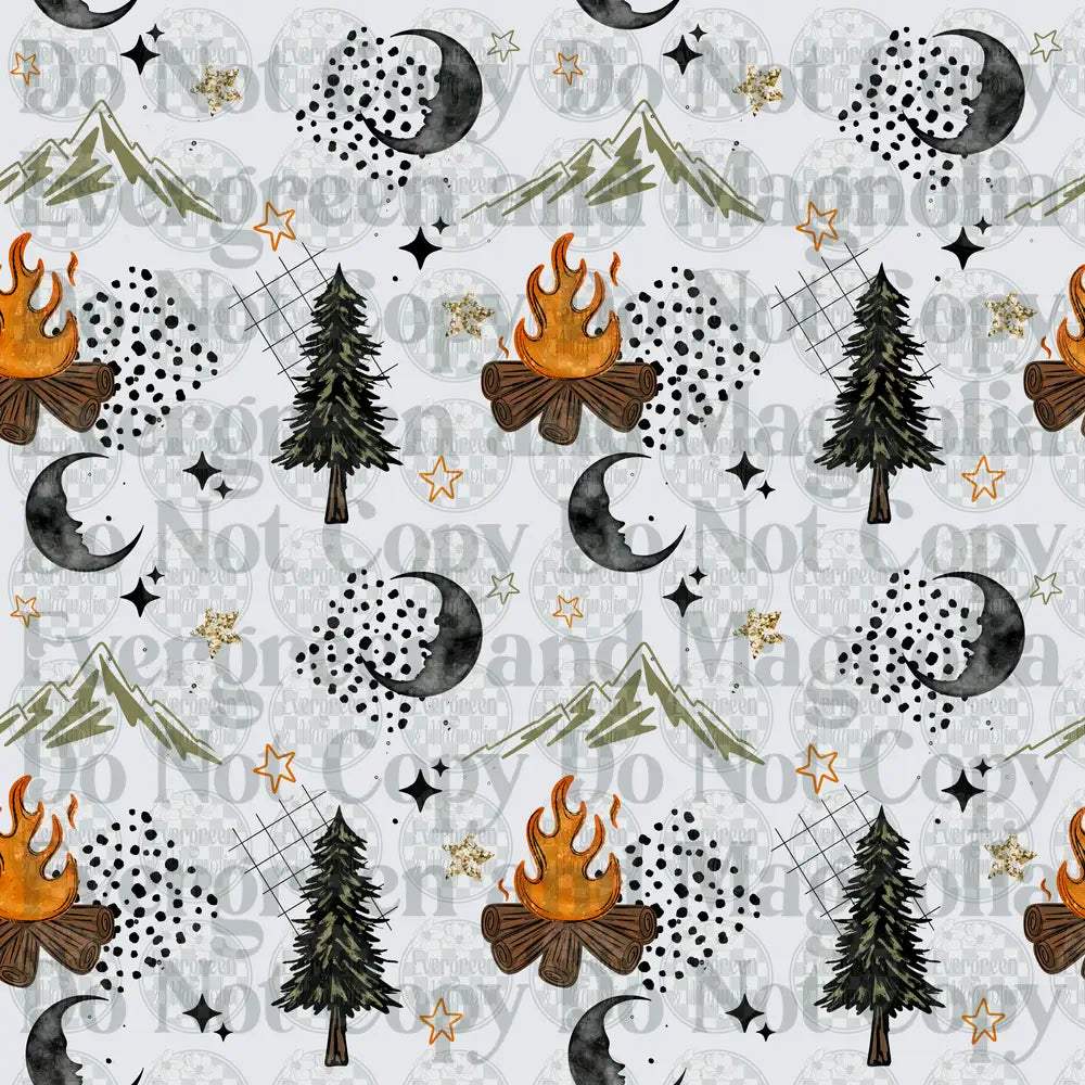 Campfire Pine Tree Mountain Crescent Moon Night Pattern