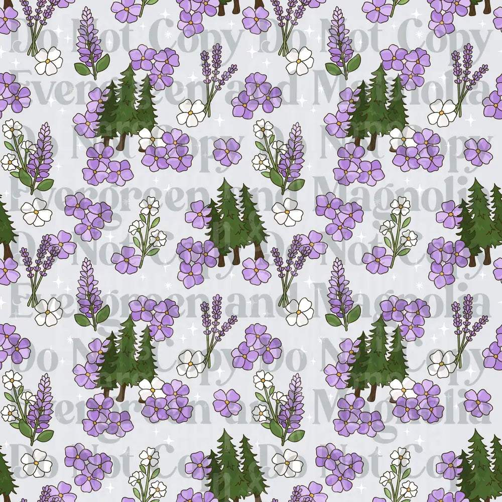 Purple Wildflower and Pine Tree Botanical Pattern