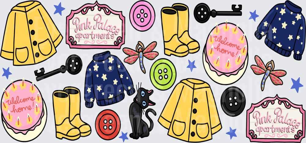 Pink Palace Apartments Icon Pattern with Black Cat and Keys