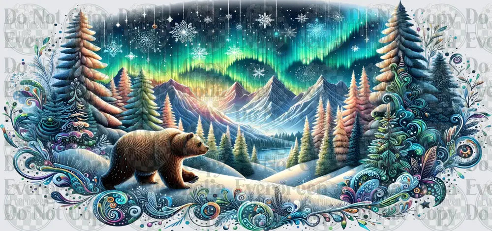 Brown Bear Winter Northern Lights Mountain Forest Scene