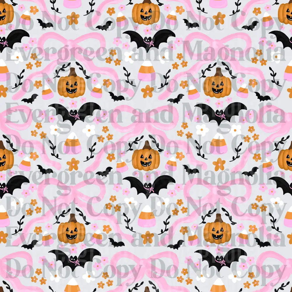 Pink Bow Halloween Pattern Pumpkins Bats Candy Corn Floral